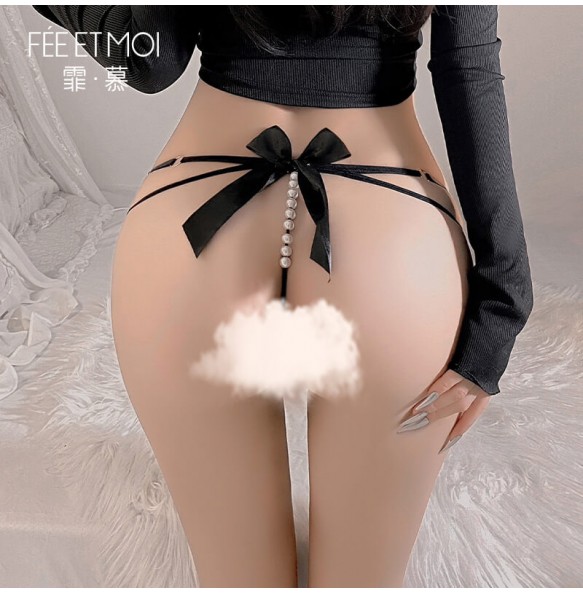 FEE ET MOI - Romantic Bow Beaded Open-Crotch Panties (Black)